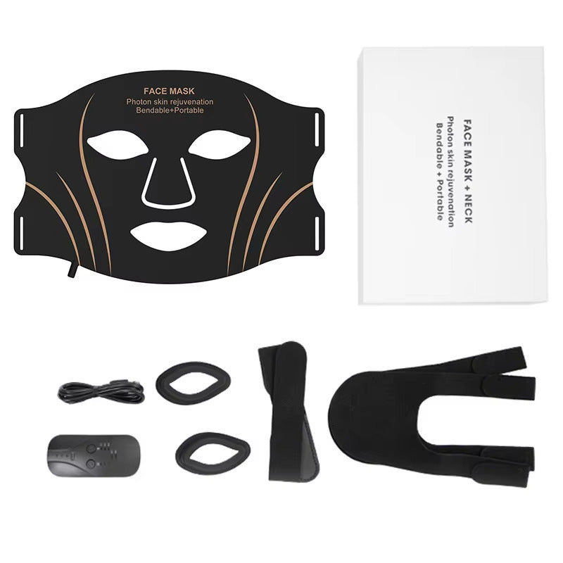 Le kit complet : boîte Aurélys, masque, câble USB, télécommande, sangles et protège-yeux