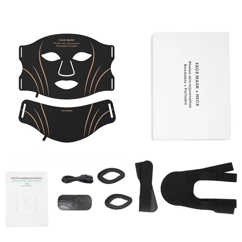 Masque facial, visage + cou. LED à lumière photonique 7 couleurs**, rechargeable et pliable, en silicone.