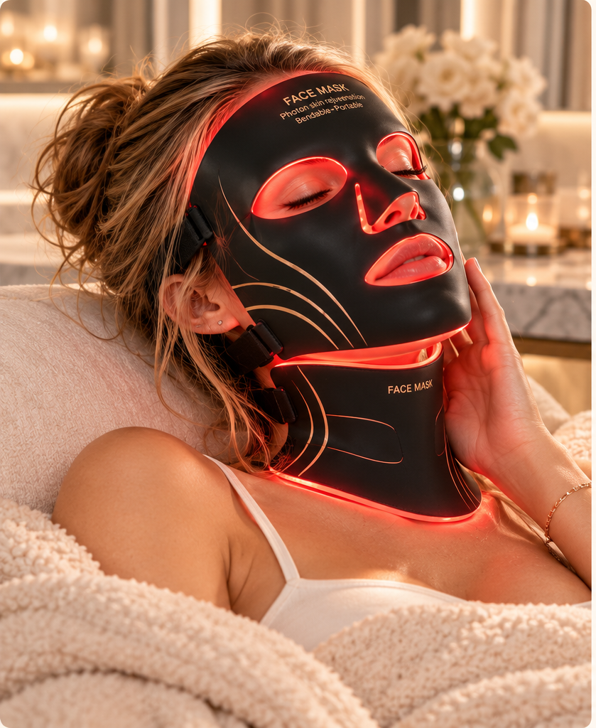 Masque facial, visage + cou. LED à lumière photonique 7 couleurs**, rechargeable et pliable, en silicone.