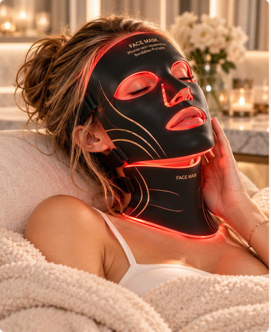 Masque facial, visage + cou. LED à lumière photonique 7 couleurs**, rechargeable et pliable, en silicone.
