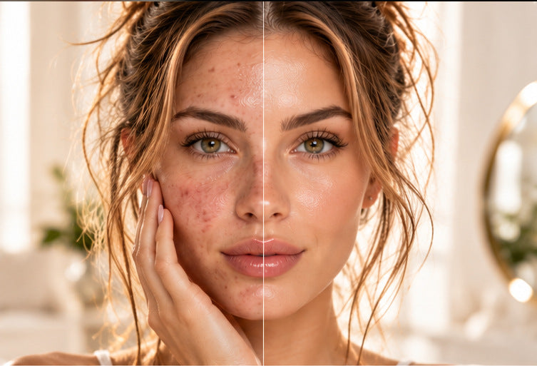 Illustration avant et après : à gauche une peau avec imperfections, à droite une peau plus uniforme