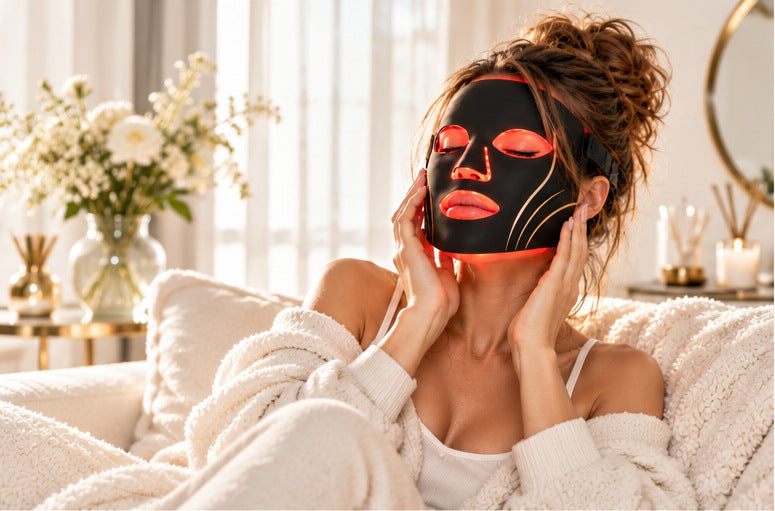 Femme portant le masque LED, mains sur le visage